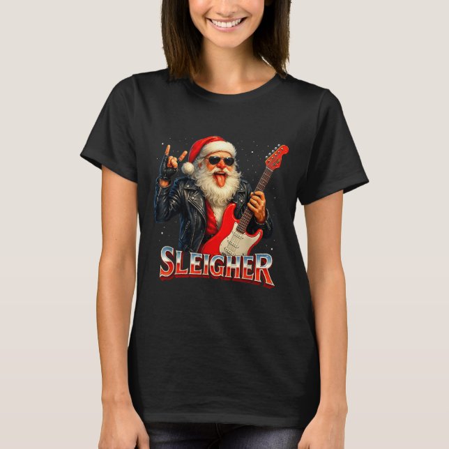 Camiseta Sleigher Rock Santa Funny Metal Christmas Design  (Anverso)
