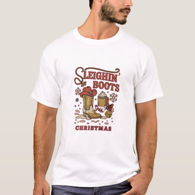 Camiseta Sleighin Boots Este Navidad Funny Cowboy Occidenta (Anverso)