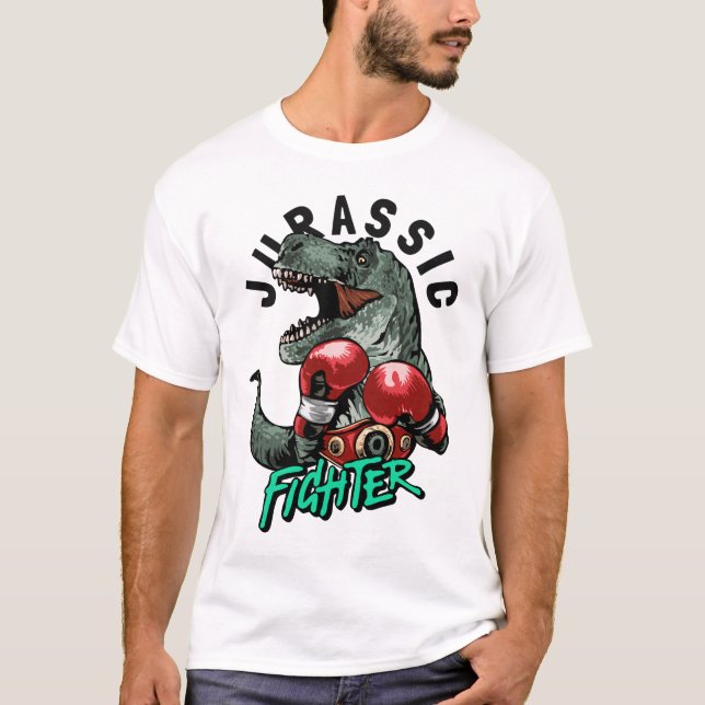Camiseta Slogan de caza Jurásico con dinosaurio en boxeo (Anverso)