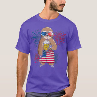 Camiseta Sloth Cheer Beer American Flag Fireworks Day