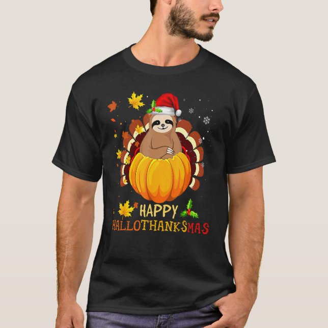 Camiseta Sloth Halloween And Merry Christmas Happy Hallotha (Anverso)
