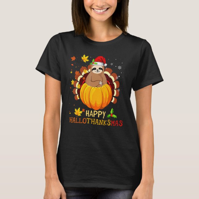 Camiseta Sloth Halloween And Merry Christmas Happy Hallotha (Anverso)