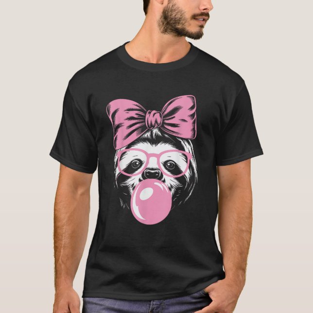 Camiseta Sloth Wearing Glasses and Blowing Pink Bubble Gum  (Anverso)