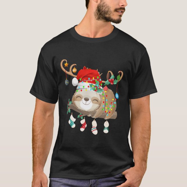 Camiseta Sloths Xmas Regalo Luces de reno Santa Hat Slots (Anverso)