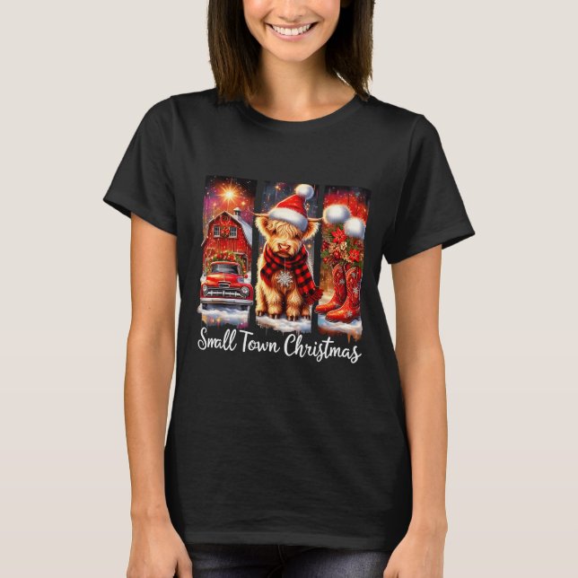 Camiseta Small Town Christmas Highland Cow Western Art  (Anverso)