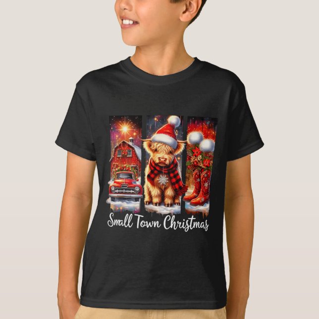 Camiseta Small Town Christmas Highland Cow Western Art  (Anverso)