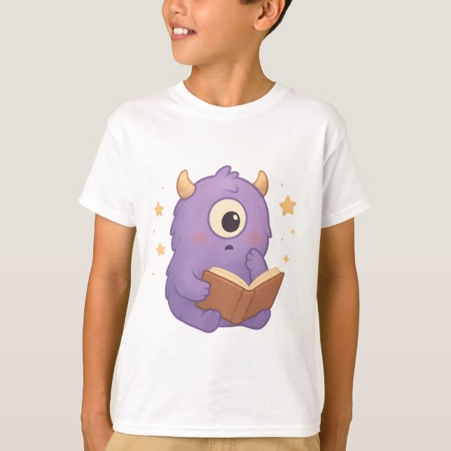 Camiseta Smart Reading Monster — Purple Book Lover Kids Tee (Anverso)