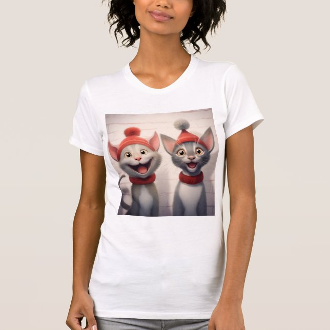 Camiseta Smiling Cartoon Cats With Red Hats And Collars (Anverso)