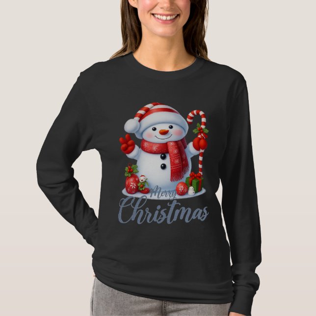 Camiseta Smiling Snowman With Candy Cane Christmas Tee (Anverso)