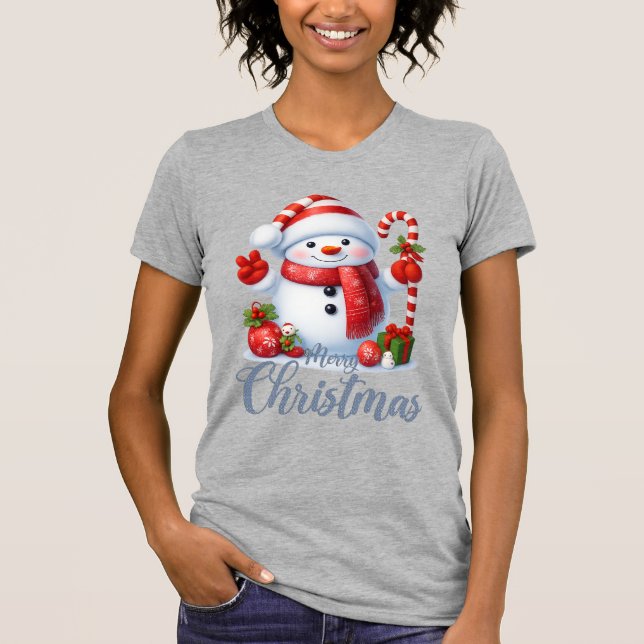 Camiseta Smiling Snowman With Candy Cane Christmas Tee (Anverso)