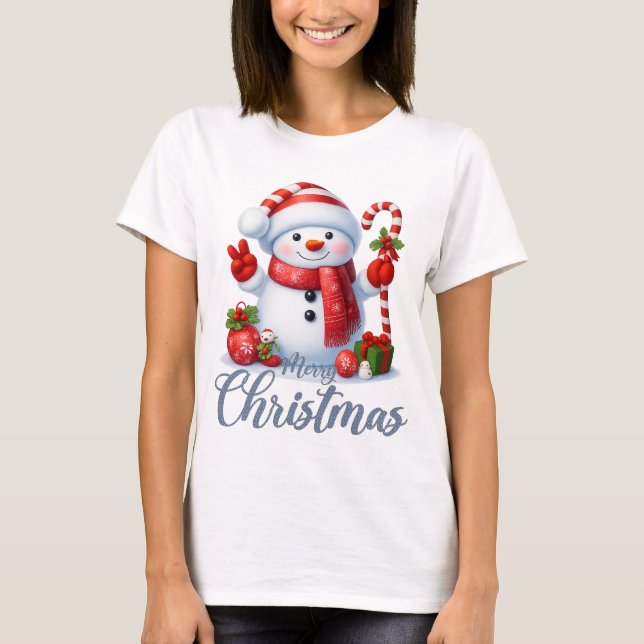 Camiseta Smiling Snowman With Candy Cane Christmas Tee (Anverso)