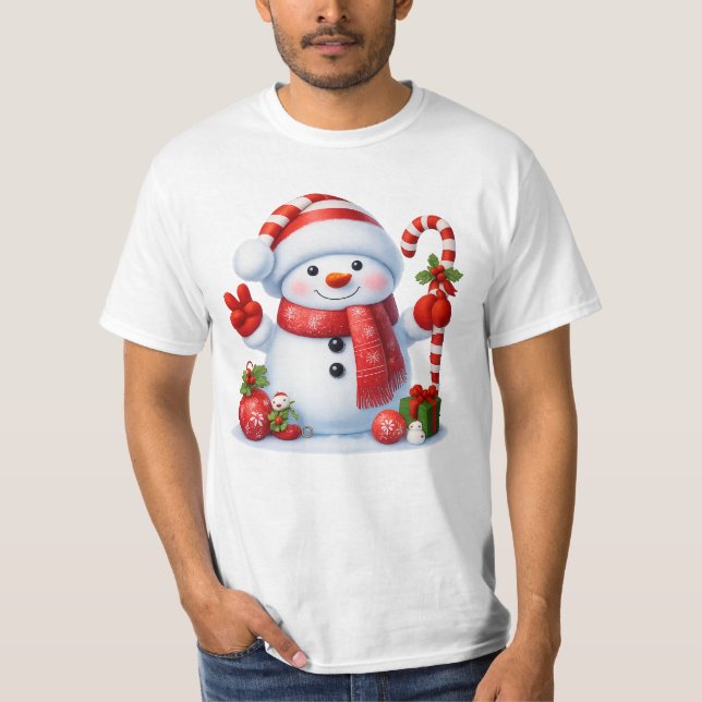 Camiseta Smiling Snowman With Candy Cane Christmas Tee (Anverso)