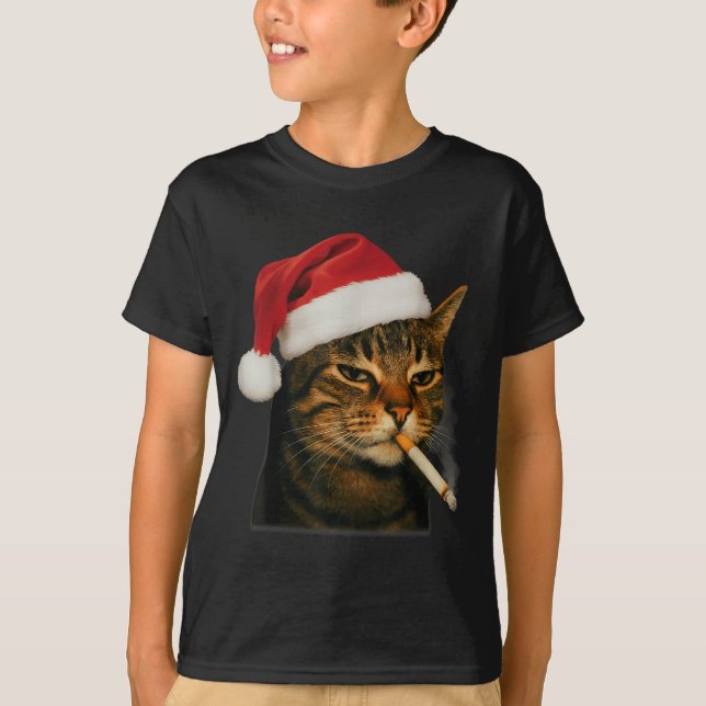 Camiseta Smoking Cat Cigarette Christmas Santa Hat Cat Meme (Anverso)