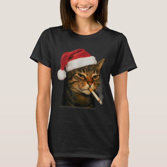 Camiseta Smoking Cat Cigarette Christmas Santa Hat Cat Meme (Anverso)