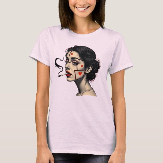 Camiseta Smoking Woman Art with Heart Icon Face (Anverso)