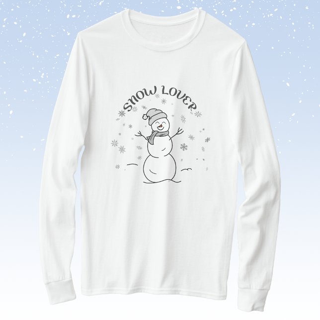 Camiseta Snow Lover Snowman Long-Sleeve T-Shirt             (Long-sleeve white t-shirt with a cute happy hand-drawn snowman, snowflakes, and SNOW LOVER text.)