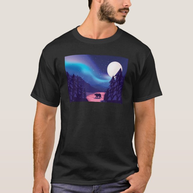 Camiseta Snow Scene Polar Bear Silhouette w Moon and Aurora (Anverso)