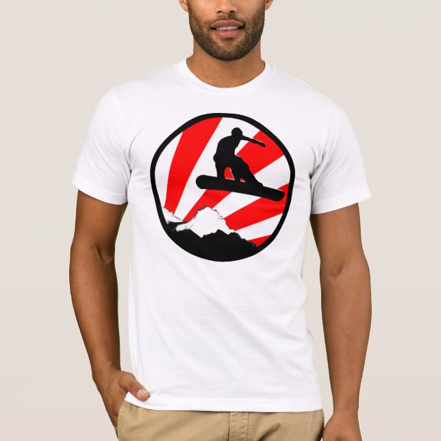 Camiseta snowboard. rayos rojos. montaña (Anverso)