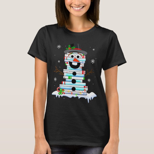 Camiseta Snowman Book Stack Librarian Book Lover Christmas  (Anverso)