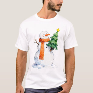 Camiseta Snowman color agua sostiene un invierno de árbol d