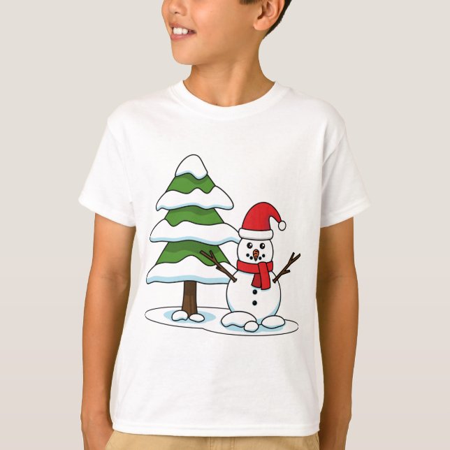 Camiseta Snowman con un árbol de pino con nieve (Anverso)