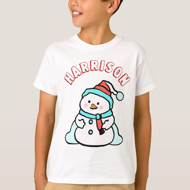 Camiseta Snowman Custom Name Boys White Navidades (Anverso)