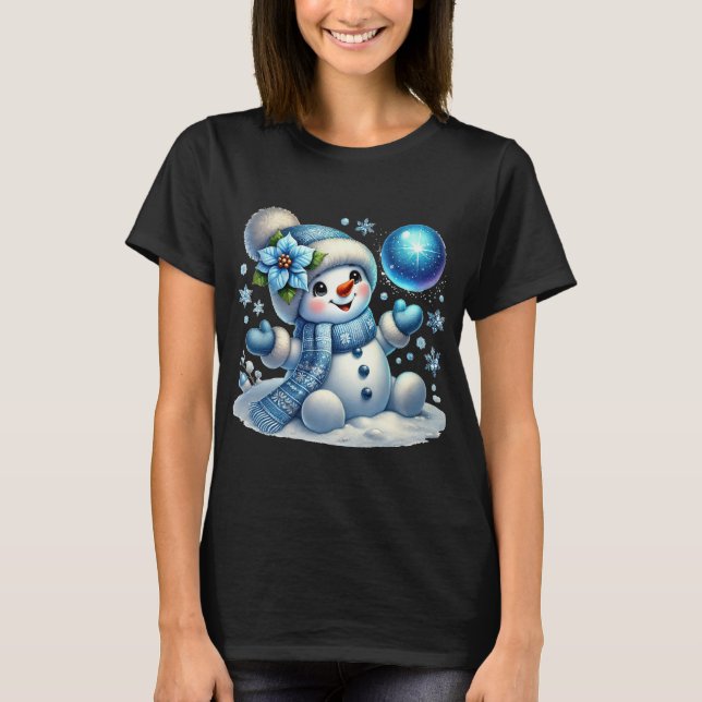 Camiseta Snowman de invierno adorable con bufanda azul y ni (Anverso)
