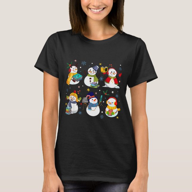 Camiseta Snowman Reading Books Teacher Christmas Librarian  (Anverso)