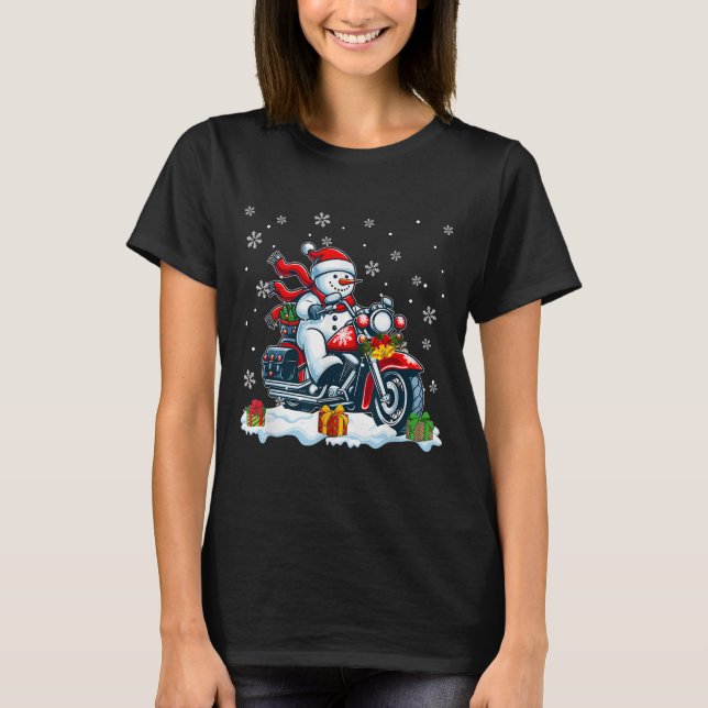 Camiseta Snowman Riding Motorcycle Christmas Biker Funny Te (Anverso)