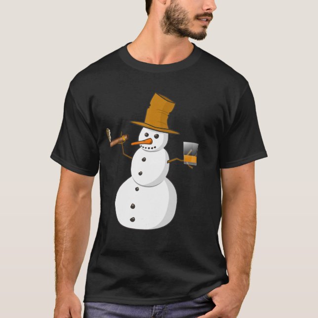 Camiseta Snowman Tomando Whiskey Y Fumando Un Cigar (Anverso)
