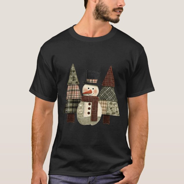 Camiseta Snowman Trees Patchwork Plaid Trees Rustic Christm (Anverso)