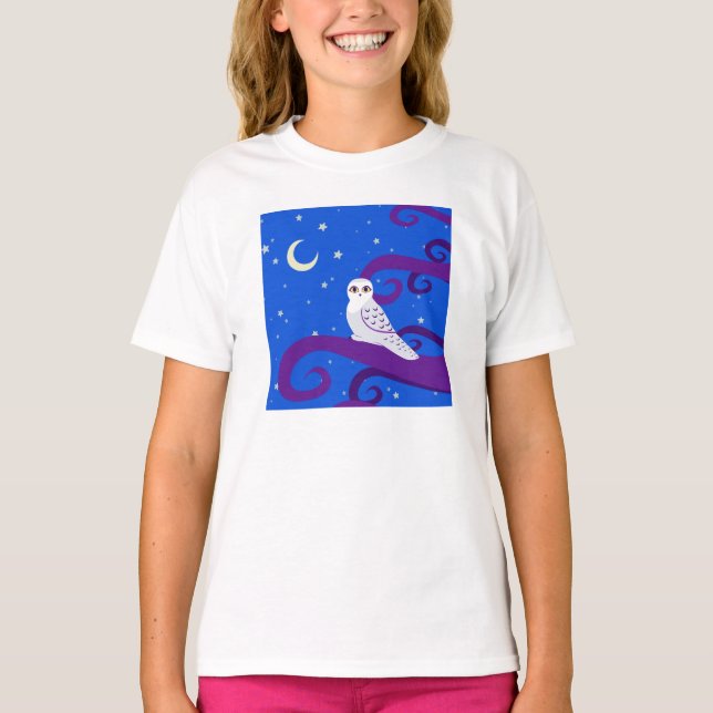 Camiseta Snowy Owl Crescent Moon Night Forest Art (Anverso)