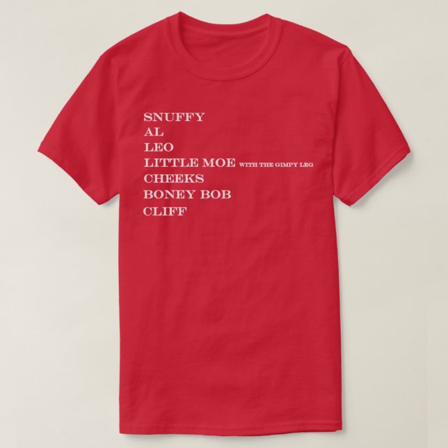 Camiseta snuffy al leo little moe gimpy leg cheeks boney bo (Diseño del anverso)