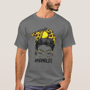 Camiseta Softball Mama Life Leopard Messy Bun Día de la Mad