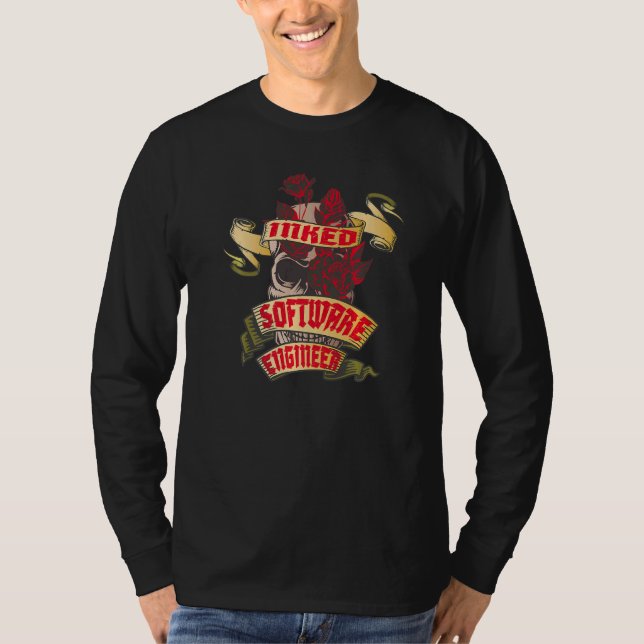 Camiseta Software Engineer Inked Skull & Red Roses Tattoo (Anverso)