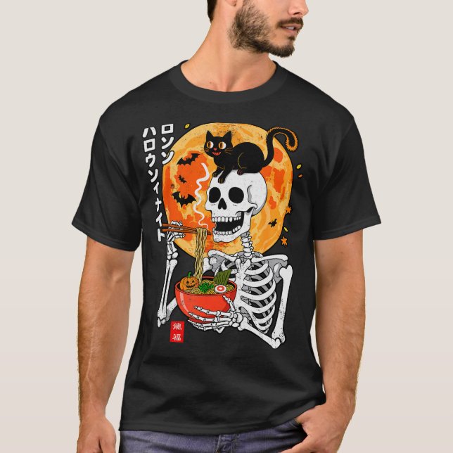 Camiseta Soky Skeleton Eating Ramen Bowl With Cat Halloween (Anverso)