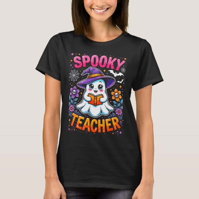 Camiseta Soky Teacher Cute Ghost Reading Book Funny Hallo  (Anverso)