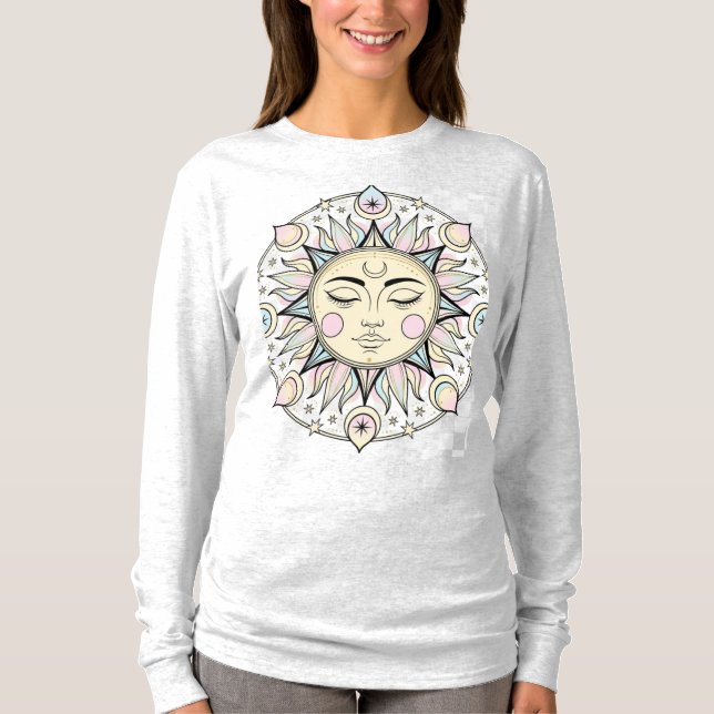Camiseta Sol boho radiante con cara humana - Celest místico (Anverso)