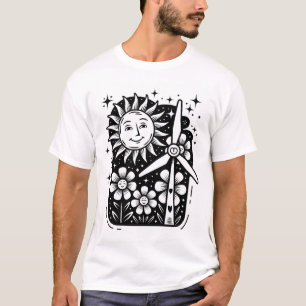 Camiseta Sol, flores y arte ecológico de la turbina eólica