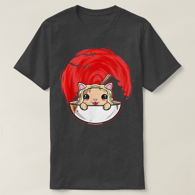 Camiseta Sol Japonés Kawaii Con Templo Y Gato En Ramen B (Diseño del anverso)