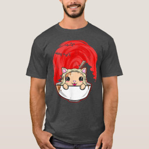 Camiseta Sol Japonés Kawaii Con Templo Y Gato En Ramen B