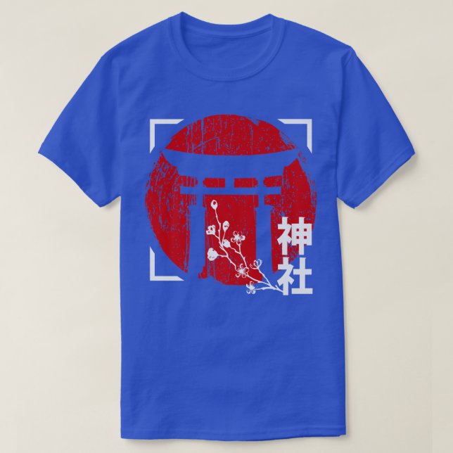 Camiseta Sol rojo japonés con santuario y cereza de Sakura (Diseño del anverso)