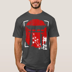 Camiseta Sol rojo japonés con santuario y cereza de Sakura