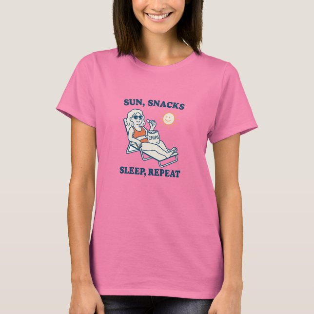 Camiseta Sol, Snacks, Sueño, Repetir  (Anverso)
