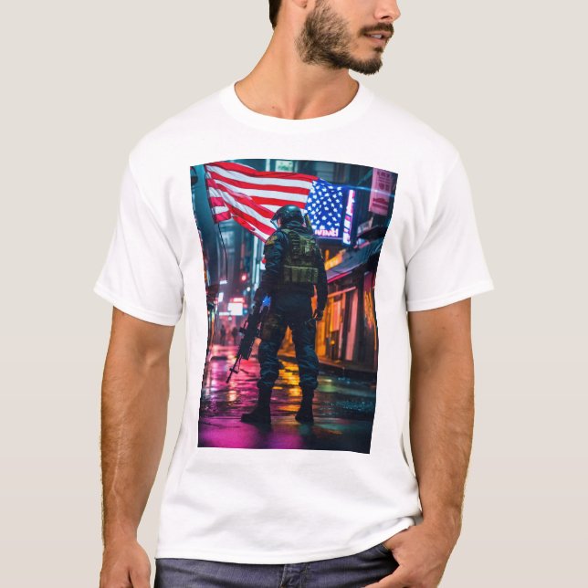 Camiseta soldado futurista, foto de la bandera de Estados U (Anverso)