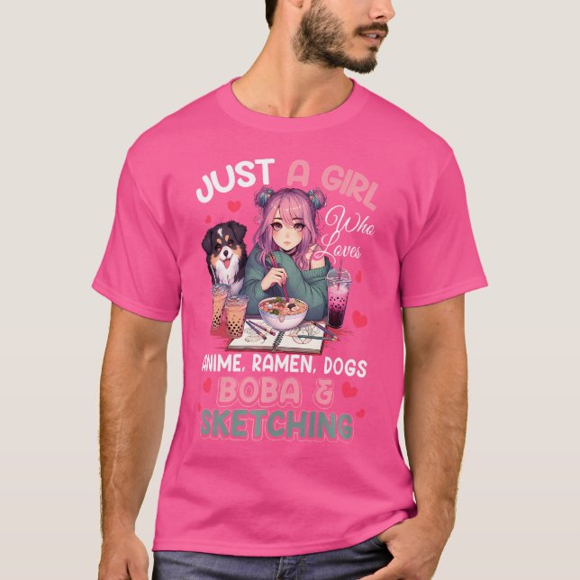 Camiseta Solo Chica que ama a Anime Ramen Perro Boba Sketch (Anverso)