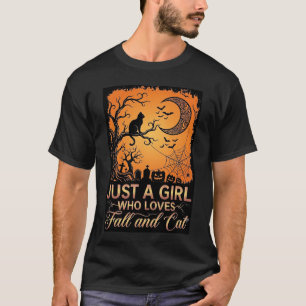 Camiseta Sólo chica que ama gato de otoño Halloween Luna_1