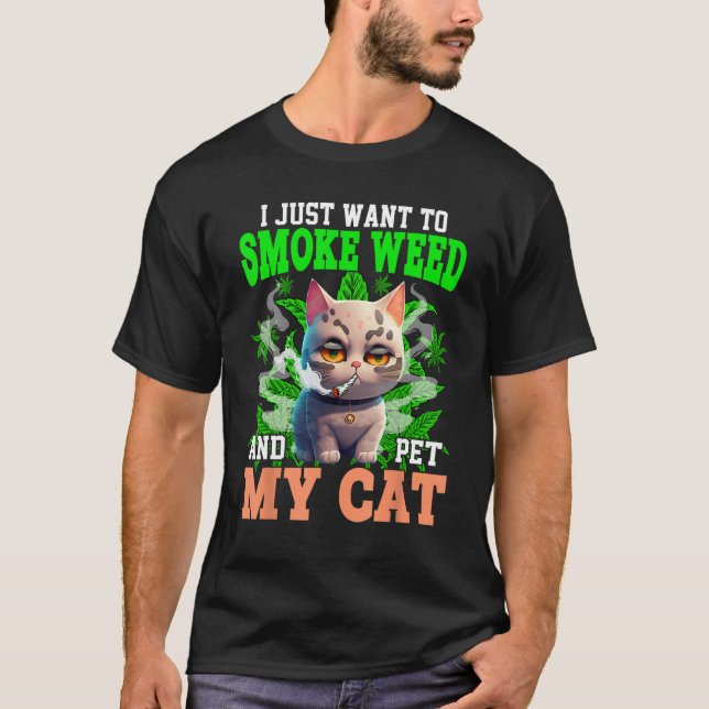 Camiseta Solo Quiero Fumar Alga Y Mascota Mi Gato Fumando M (Anverso)
