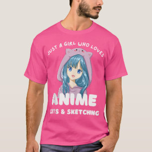 Camiseta Sólo Un Chica Que Ama Los Gatos De Anime Y Esboza 