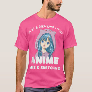 Camiseta Sólo Un Chica Que Ama Los Gatos De Anime Y Esboza 
